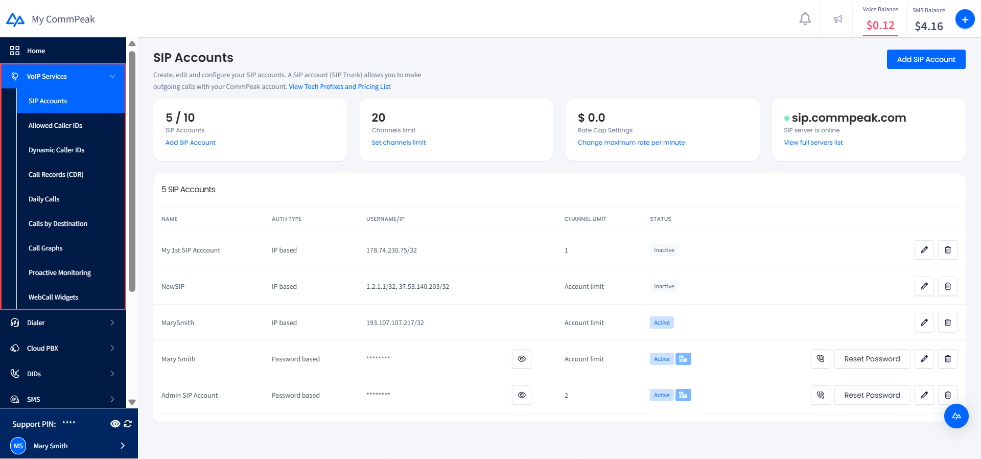 Screenshot of the VoIP Services menu