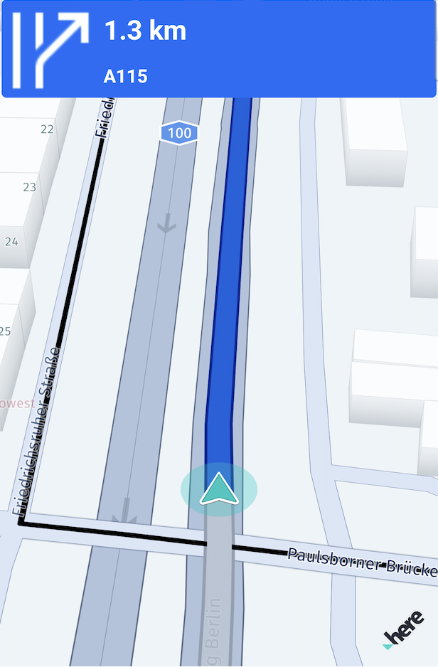 Screenshot: The Rerouting example app showing the maneuver panel during guidance.