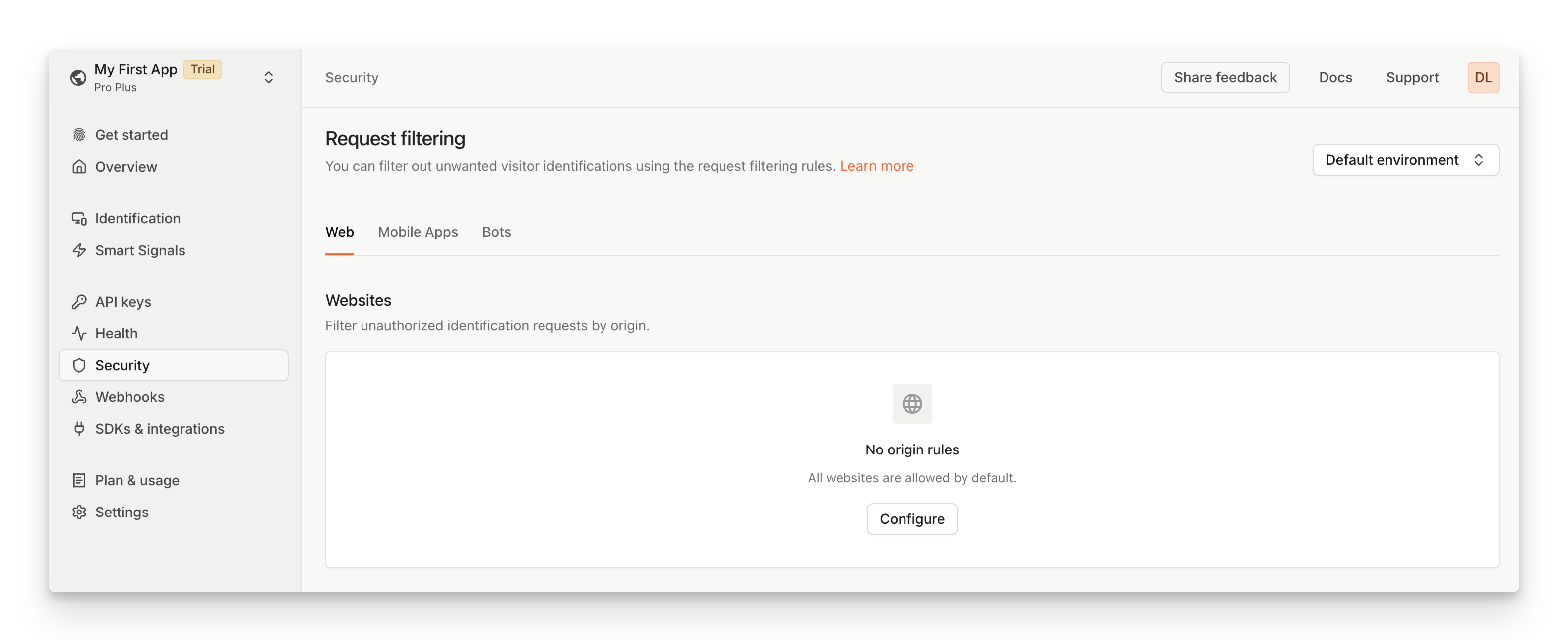 Screenshot of how to configure request filtering in the FingerprintJS dashboard