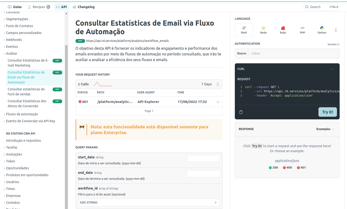 Imagem mostrando o uso da interface do portal de desenvolvedor para consultar estatísticas de email via fluxo de automação. Na imagem, mostra o novo filtro por asset - campo workflow_id.