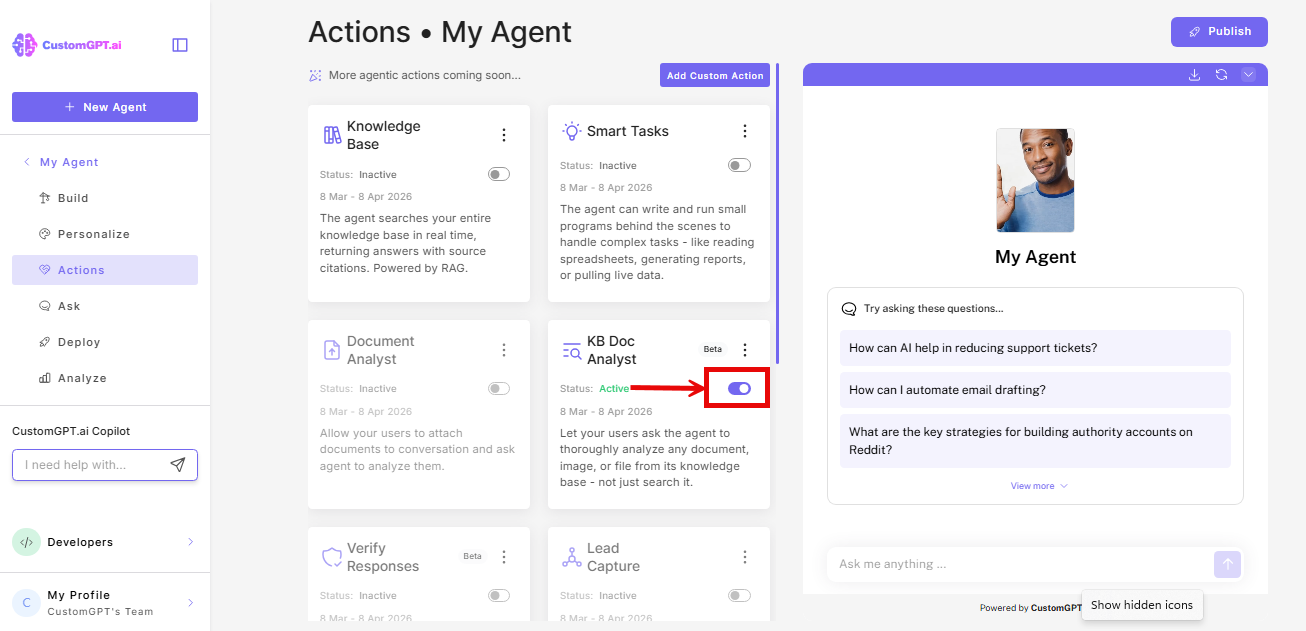 KB Doc analyst toggle on Actions page