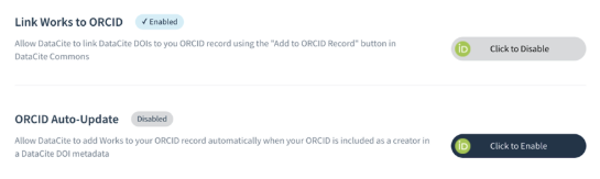 Settings interface for linking works to ORCID.   Features include an option to enable linking DataCite DOIs to an ORCID record and an auto-update feature for adding works to the ORCID record, currently disabled.