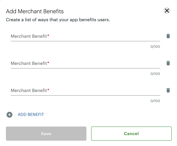 Add Merchant Benefits window