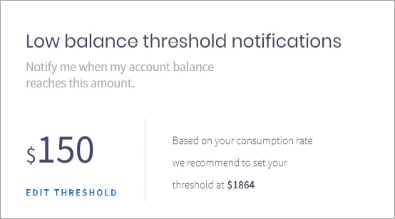 Screenshot of setting low balance notifications