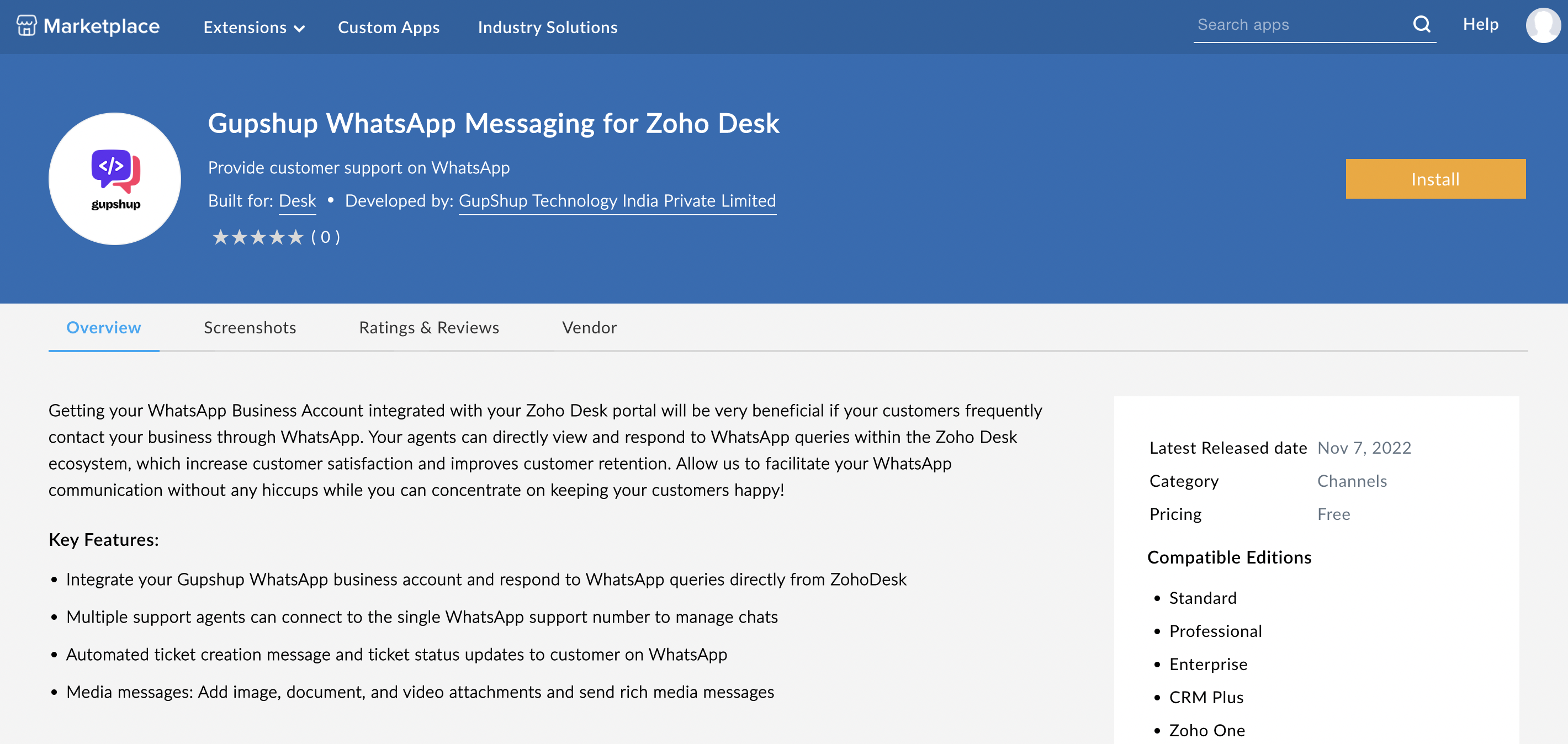 Install gupshup whatsapp messaging for zoho crm extension