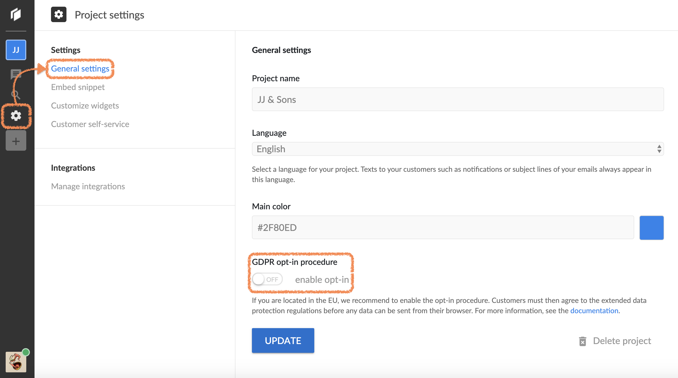 GDPR switch in project's settings.