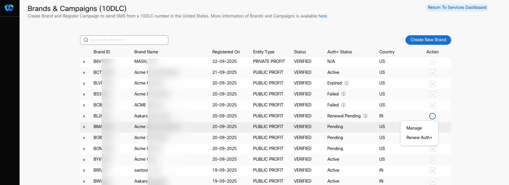 Screenshot of Renew Auth+ option for a pending Auth+status record on the brand listing page.