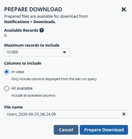 The Prepare Download dialog box for Users analytics