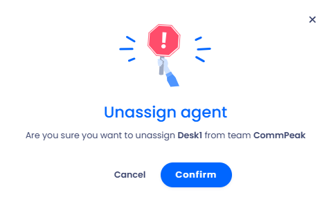 A screenshot of the dialog showing a message to confirm the removal of an agent from the inbox team and the 'Confirm' and 'Cancel' buttons.