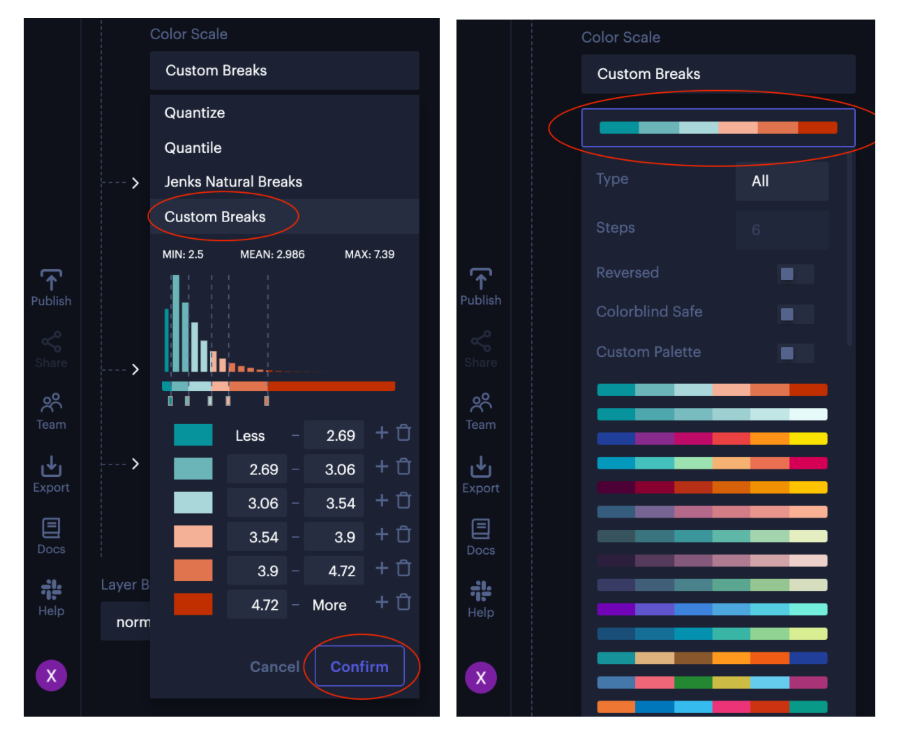 Edit Custom Breaks (left) Select Color Palette (right).