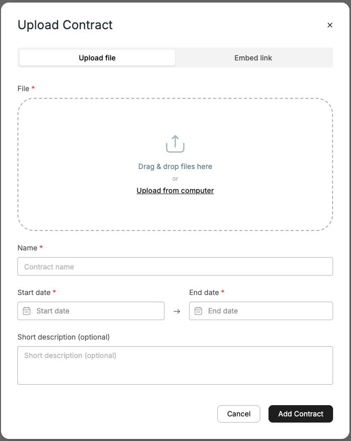 Upload contract screen