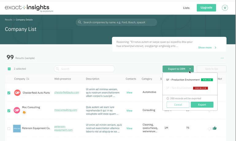 Select an Integration to export data to