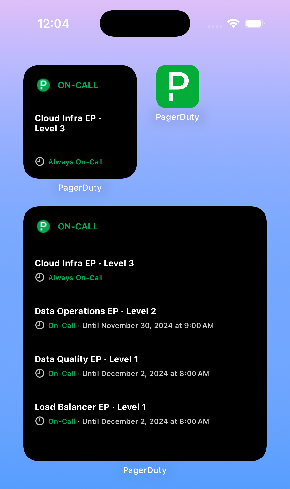 A screenshot of the iOS home screen with PagerDuty widgets