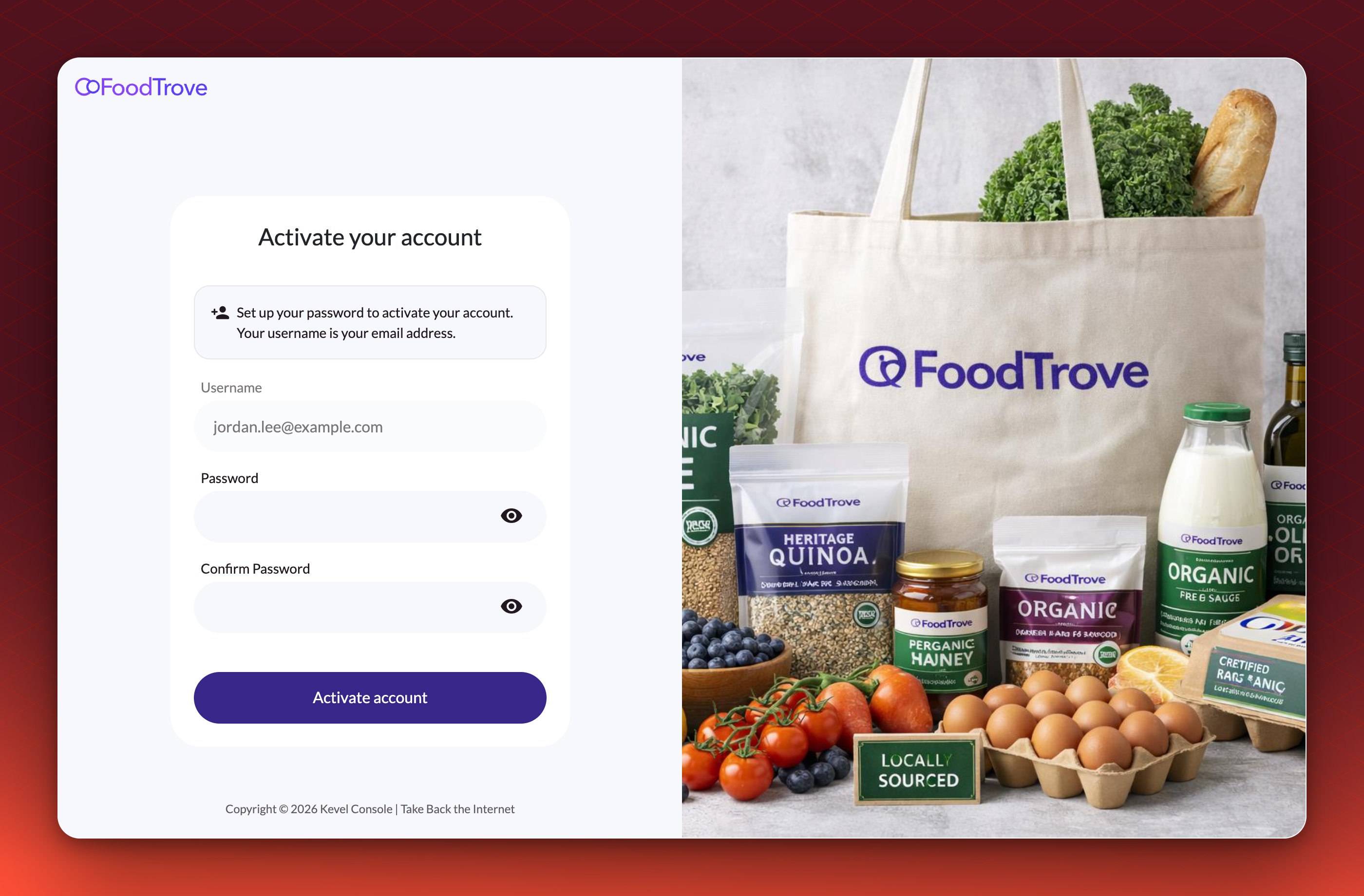 The Activate your account page with the username shown as an email address, two password fields and the Activate account button.