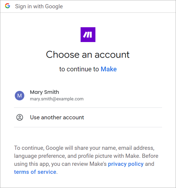 Screenshot of the choosing account screen