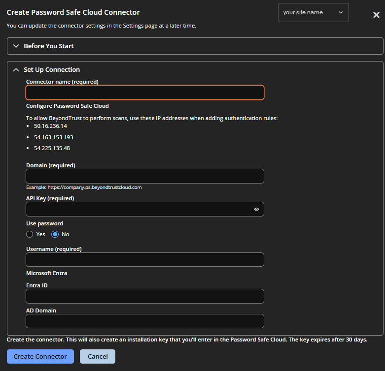The configuration settings for a Password Safe cloud connector in Insights