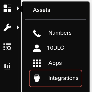 Screenshot showing navigation to the Integrations screen via Assets menu.