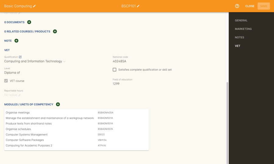 Figure 392. The VET tab of the course,showing a full qualification with selected units