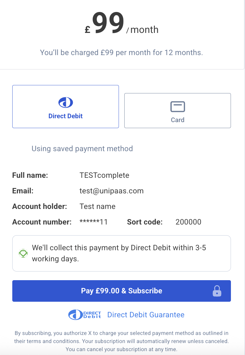 Example: The subscription checkout component is embedded in the website's checkout plan