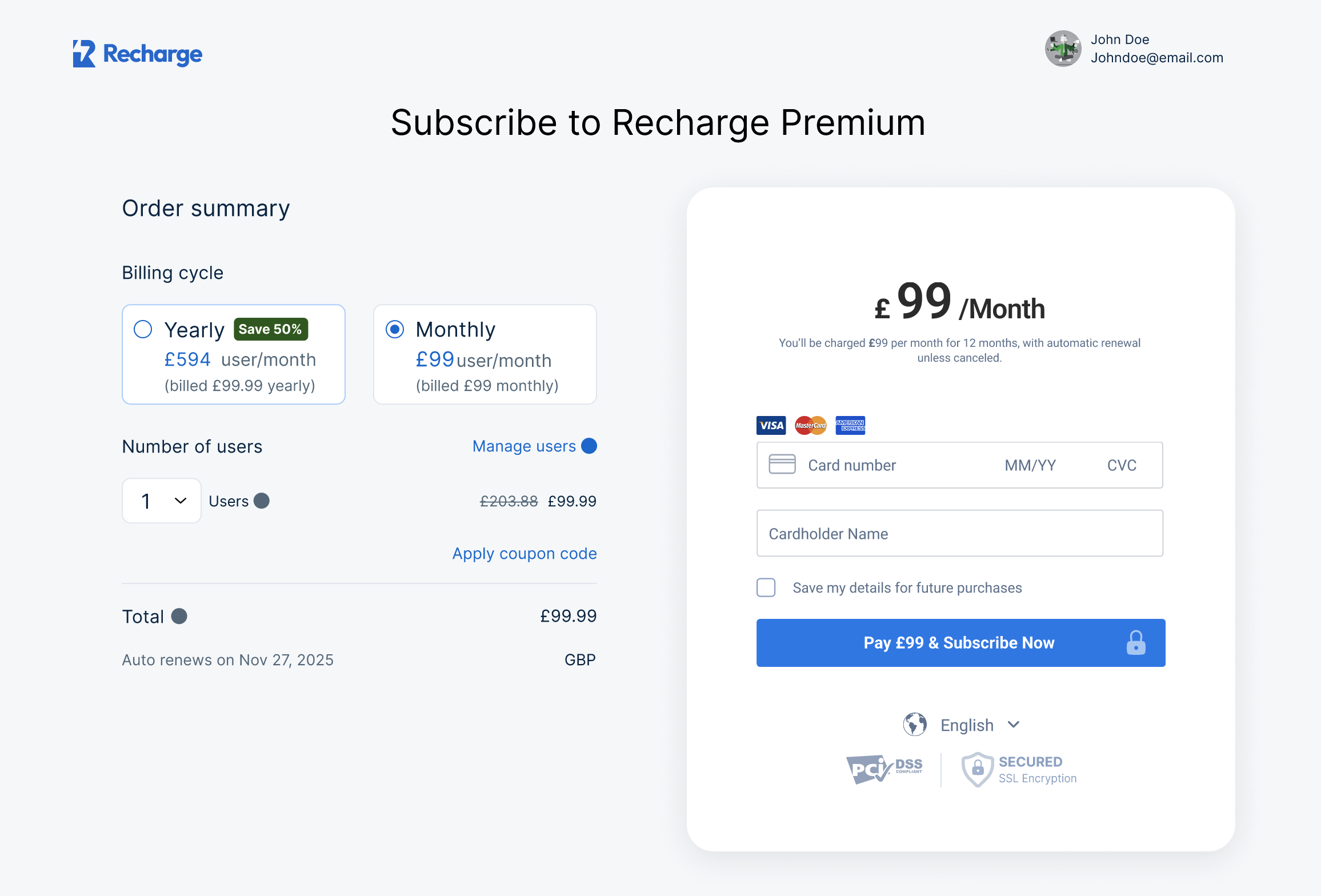 Example: The subscription checkout component is embedded in the website's checkout plan