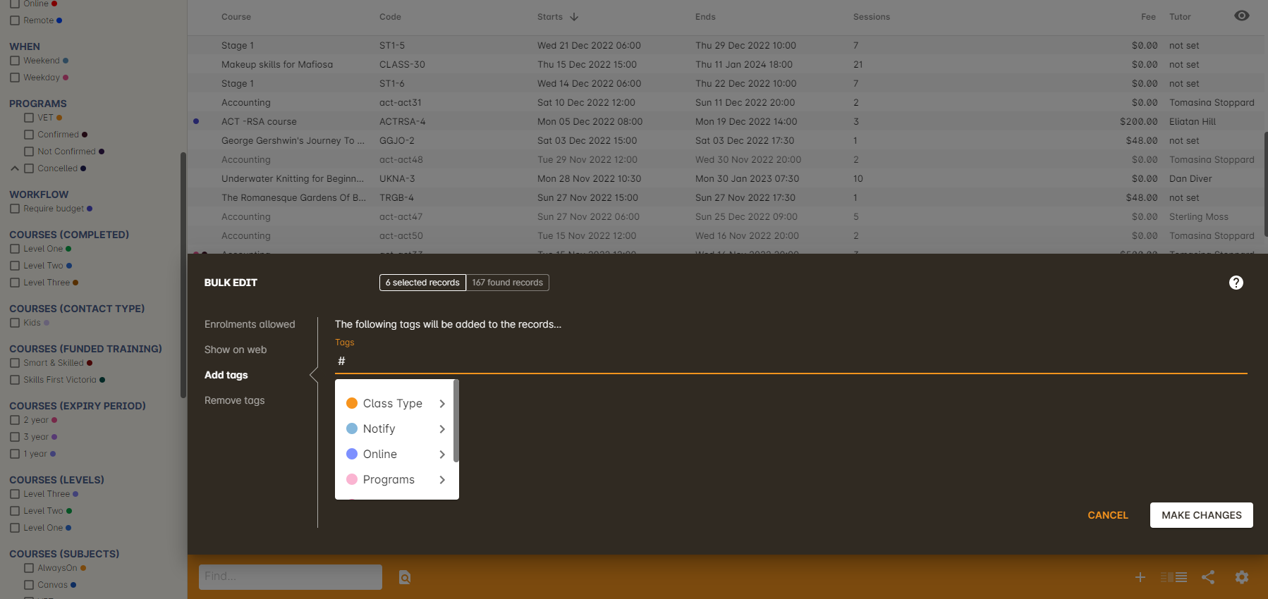 Figure 140. Adding a tag to a number of class records in bulk