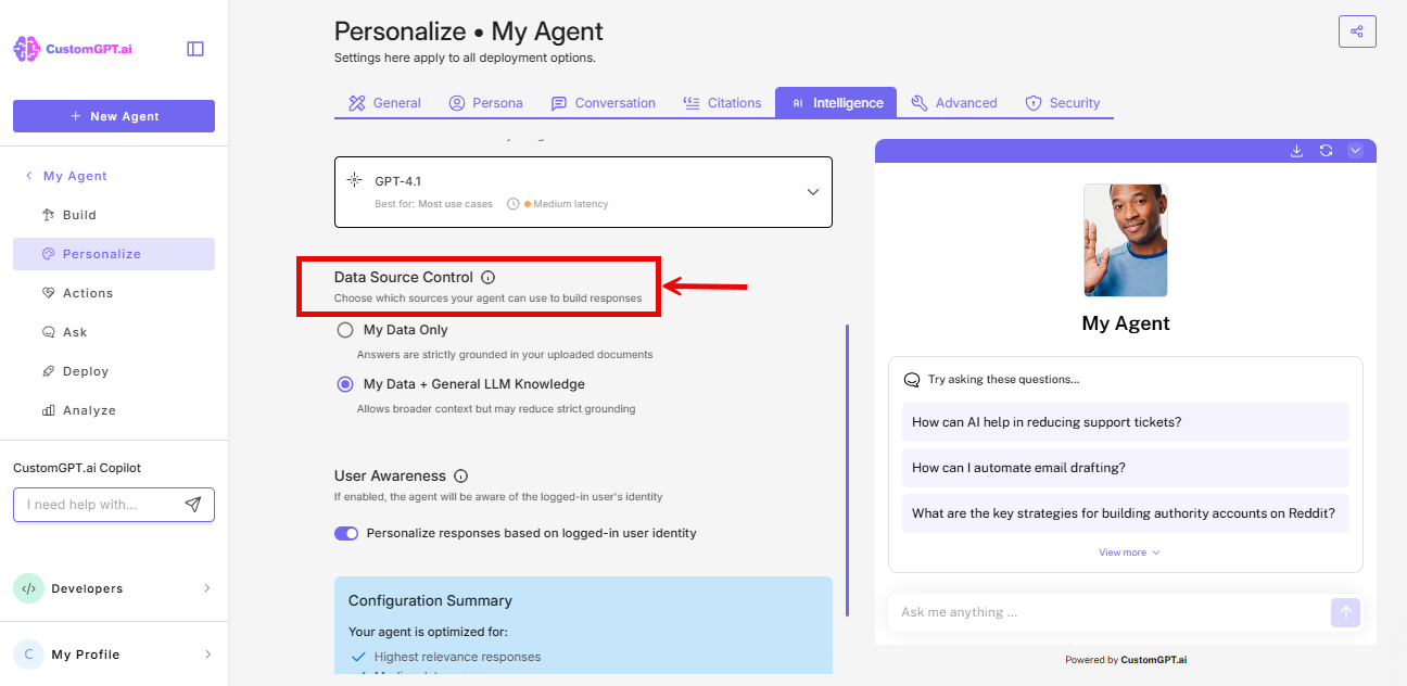 Screenshot: Data Source Control on AI Intelligence tab