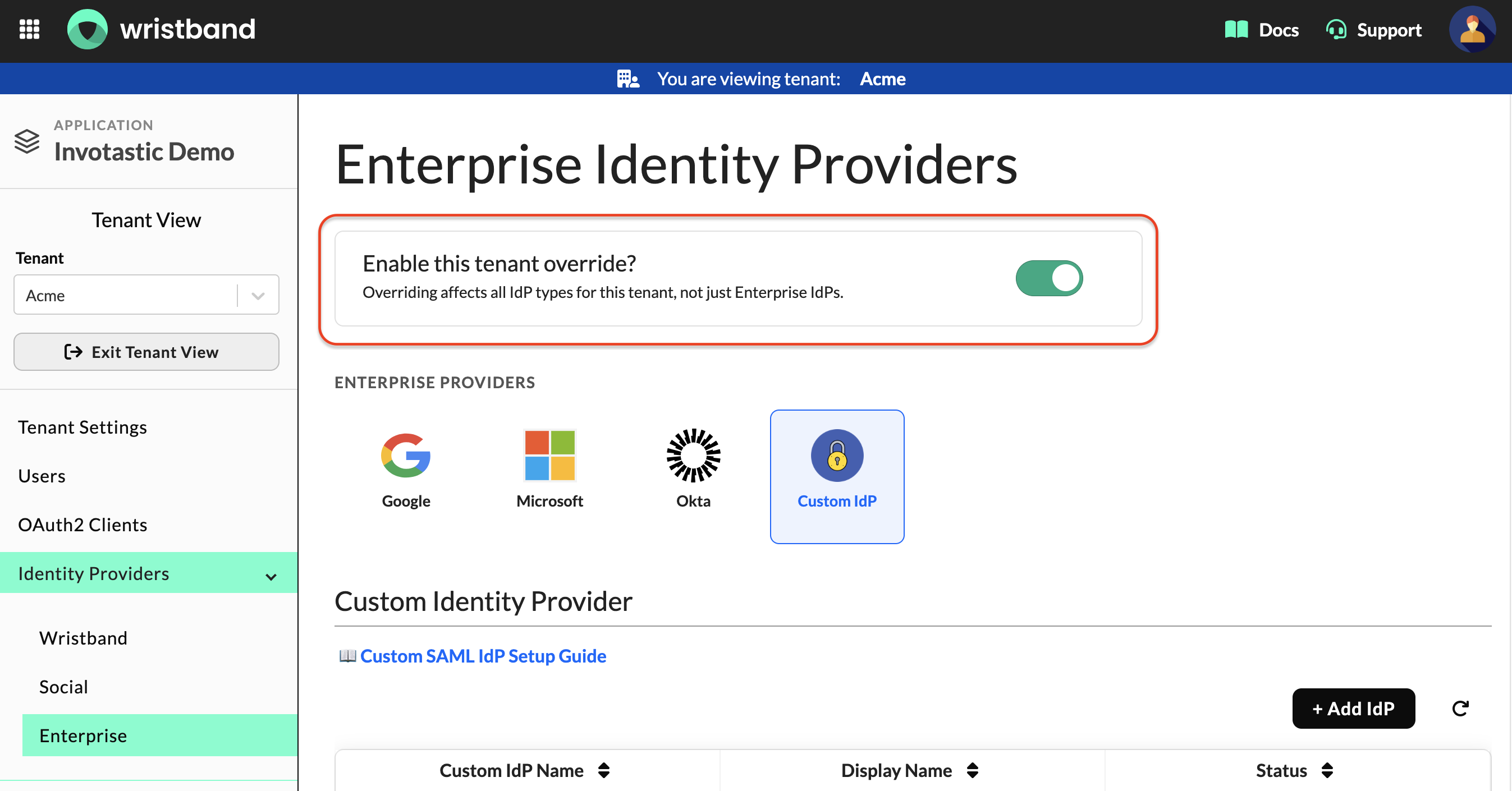 Enterprise Identity Providers page with tenant override toggle enabled