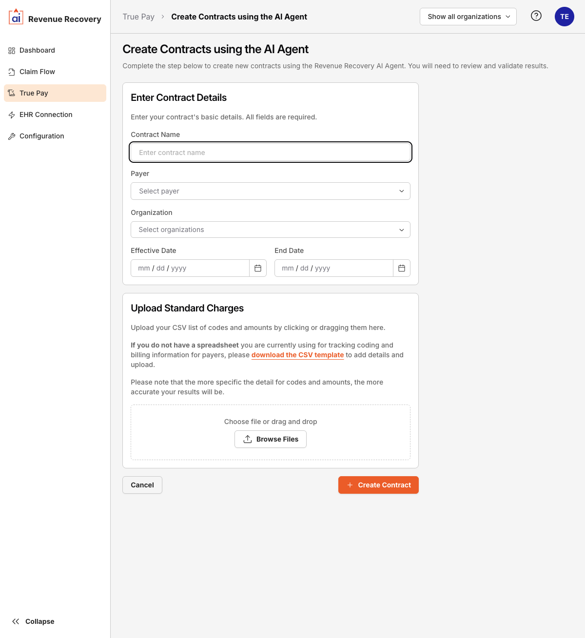 Create Contract form showing the contract details fields and CSV upload zone