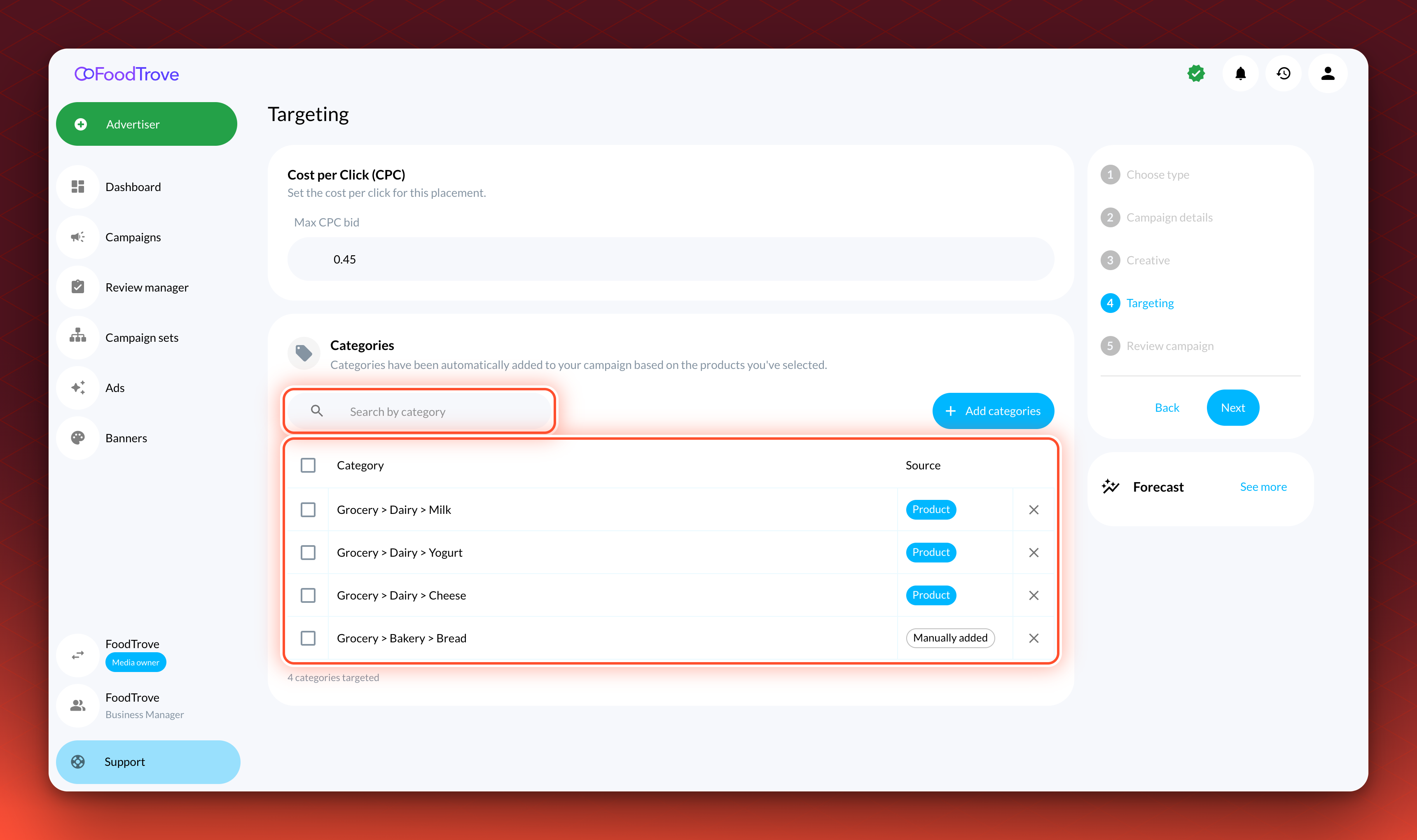 The FoodTrove Console Targeting step with the Categories section. Four categories are listed with a Source column: three read Product and one reads Manually added. A search box sits above the table and the count below reads 4 categories targeted.