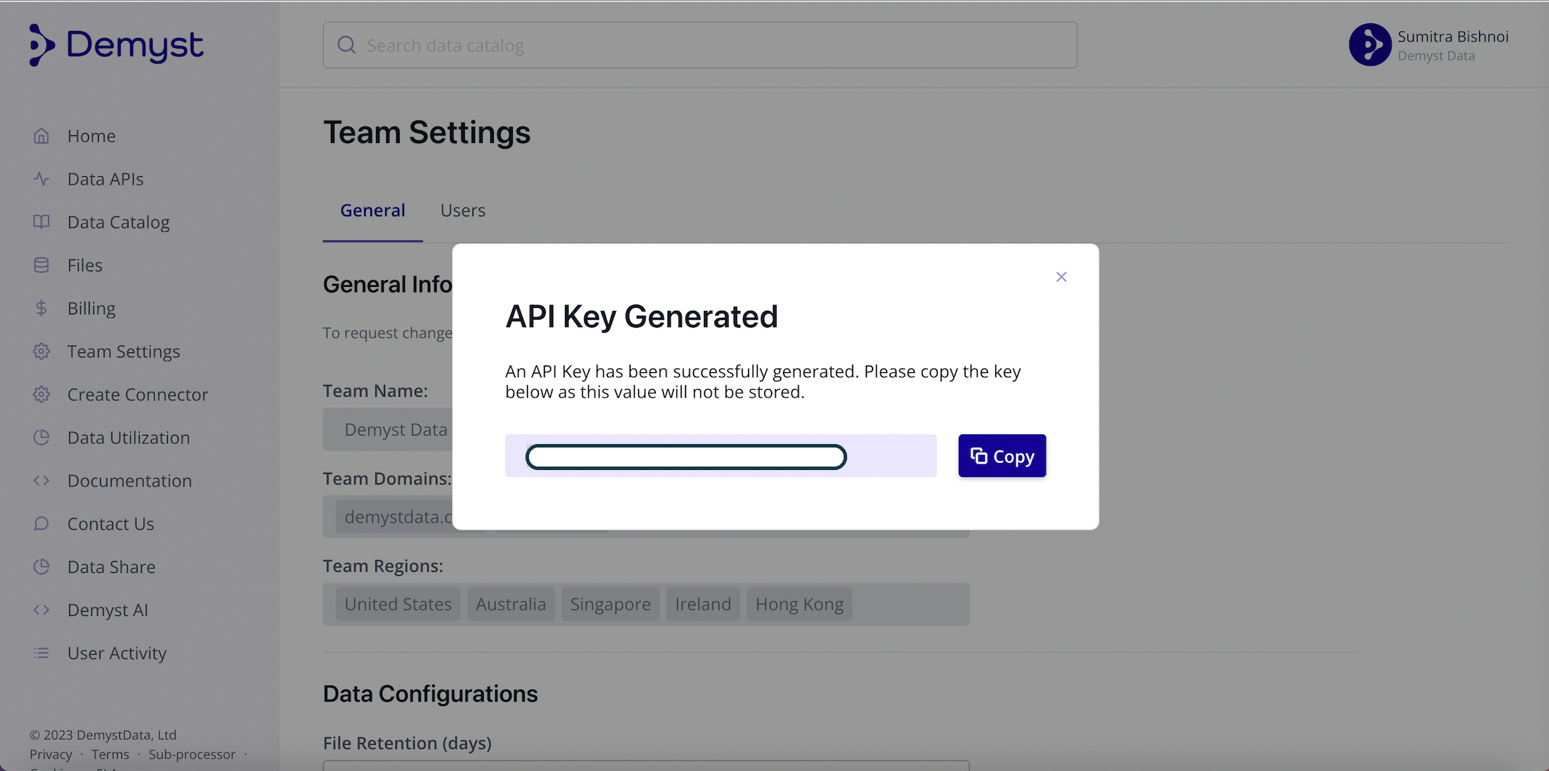 Copy the API key Generated