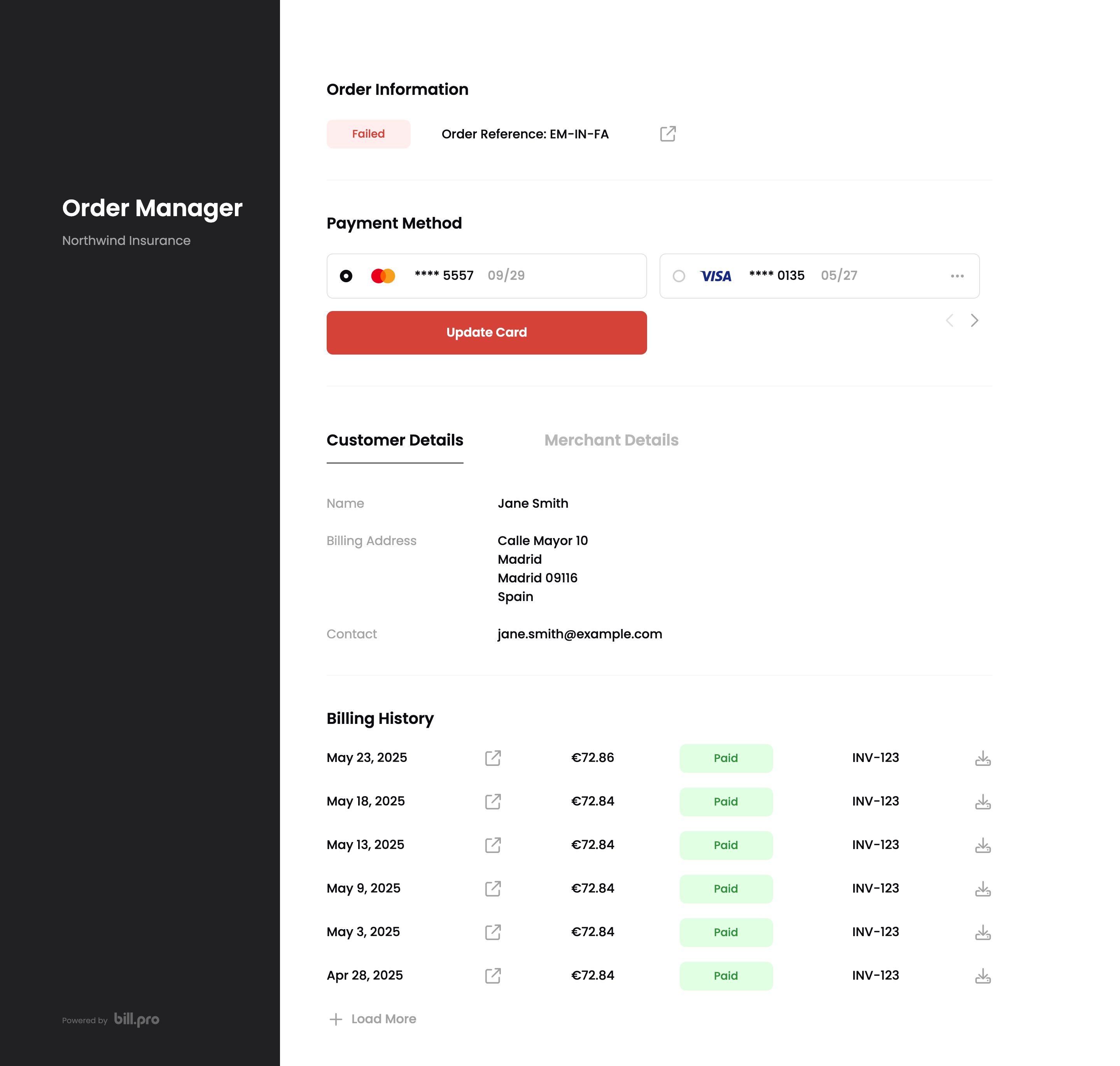 A failed order in the order portal with the Update Card button
