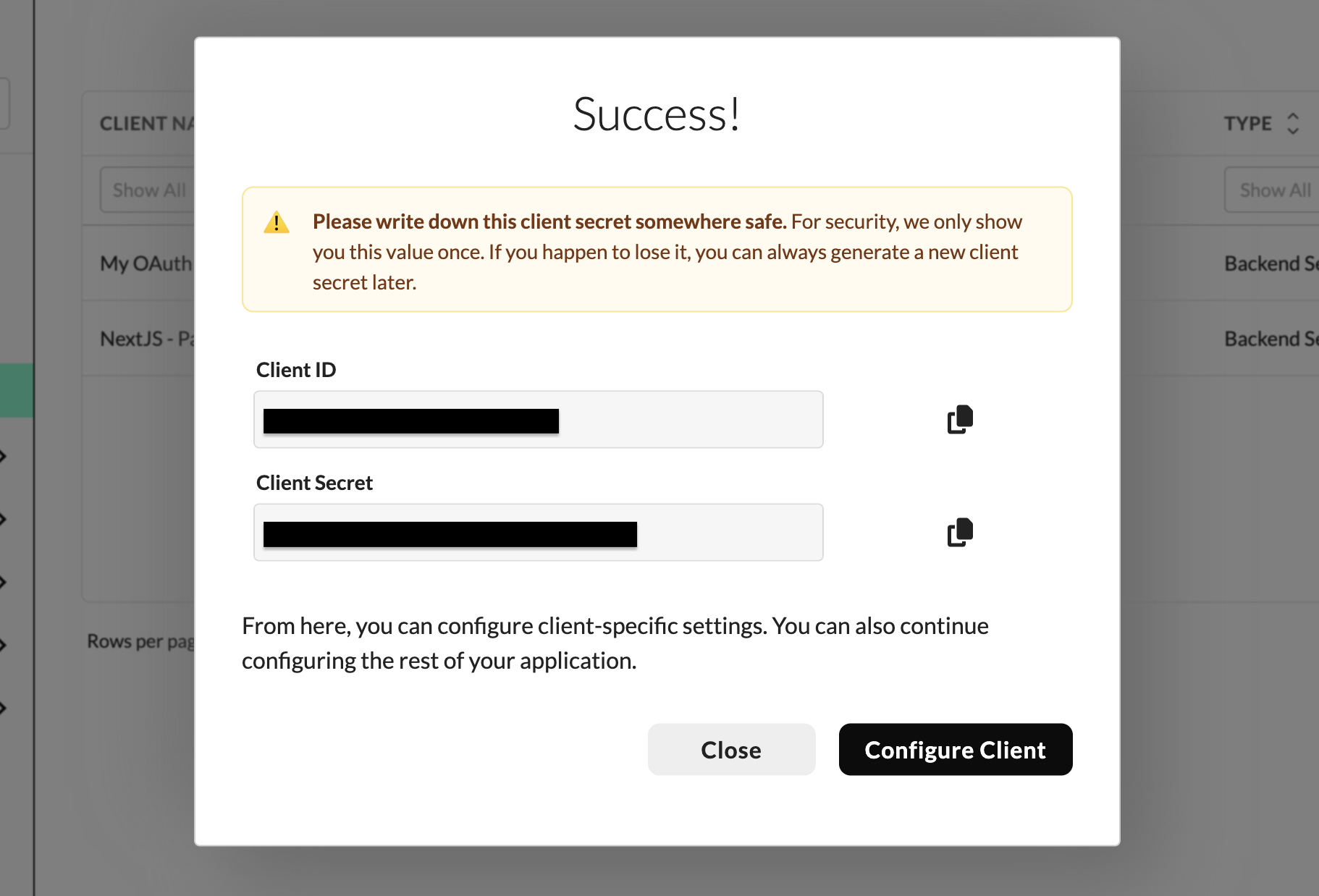 Success dialog displaying the newly created client's Client ID and Client Secret