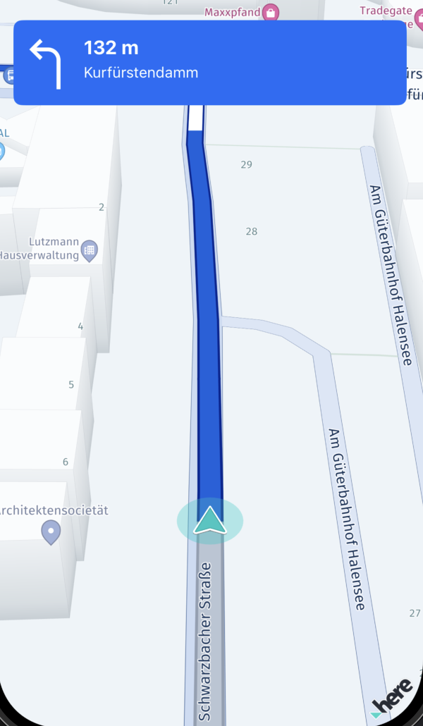 Screenshot: The Rerouting example app showing the maneuver panel during guidance.