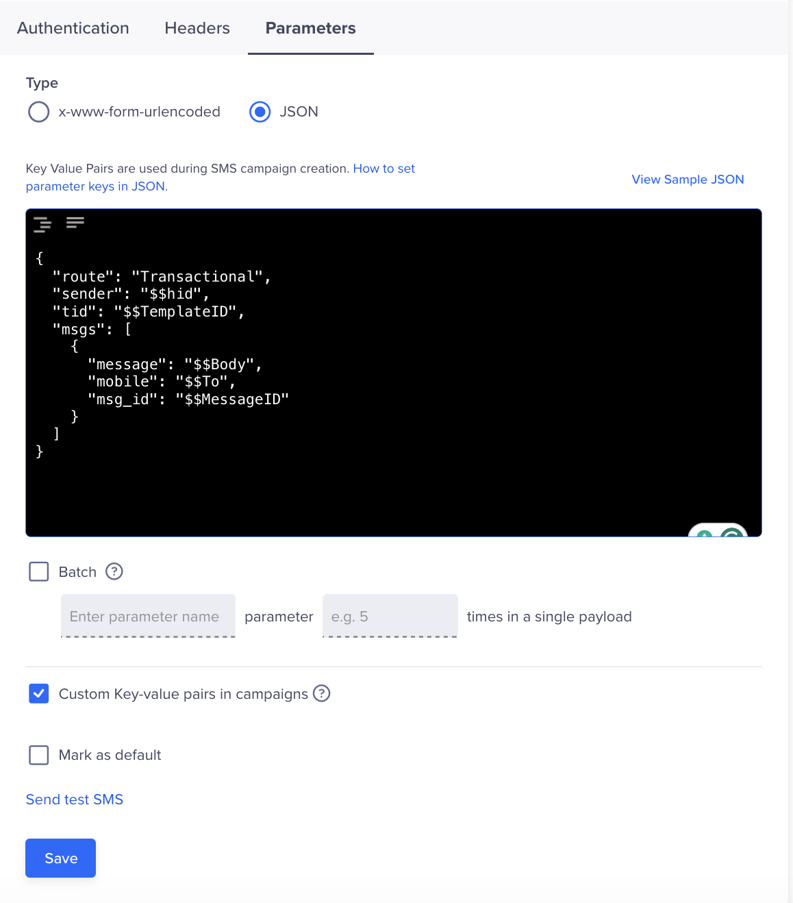 The Parameters tab in the Providers Configuration section