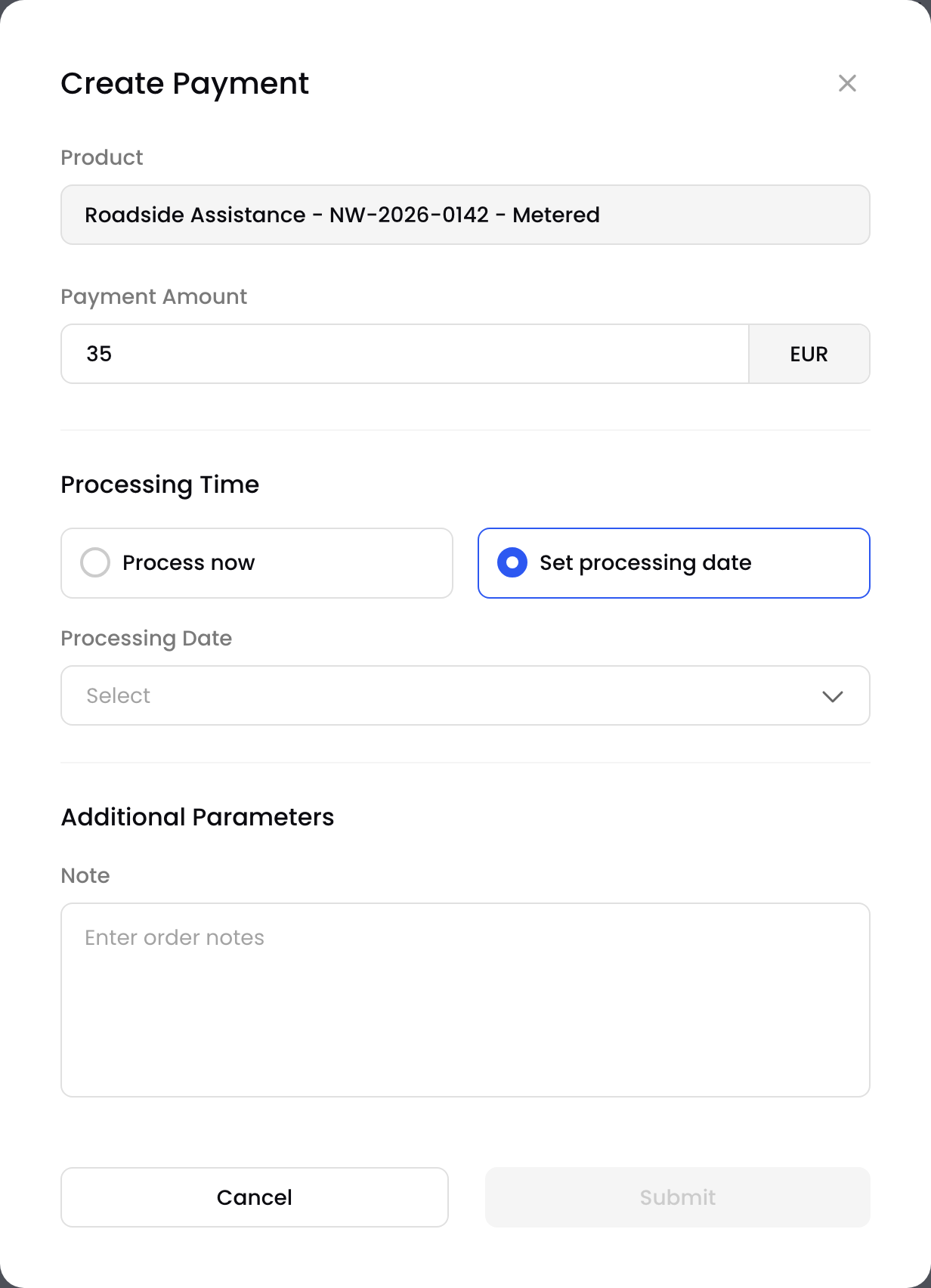The Create Payment pop-up with Set processing date