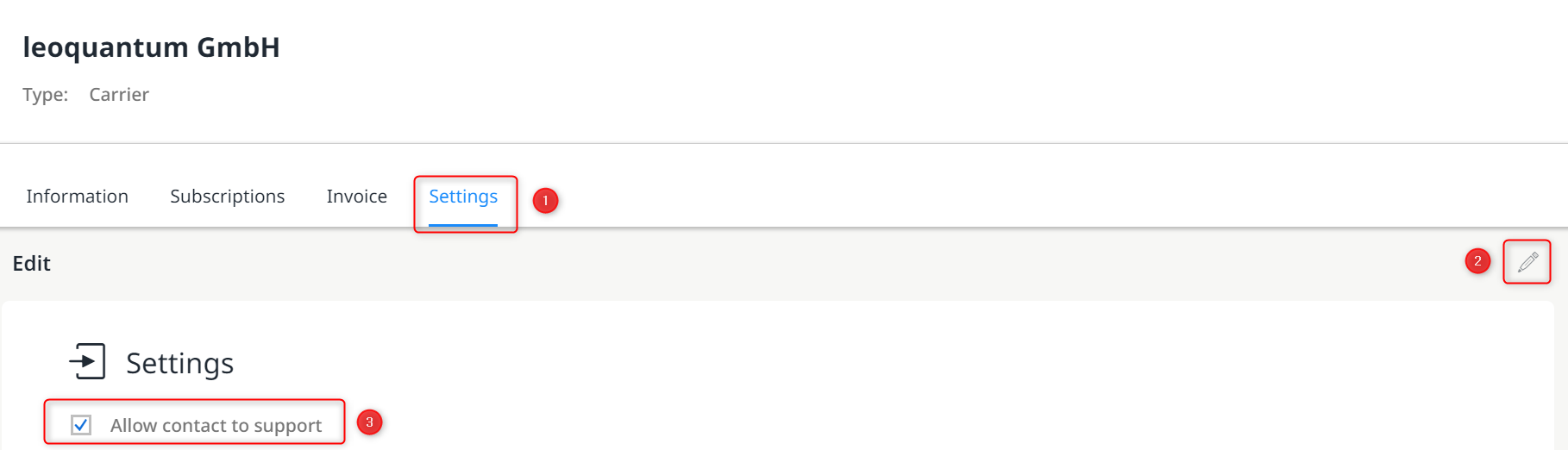 Activate / deactivate contact to the support