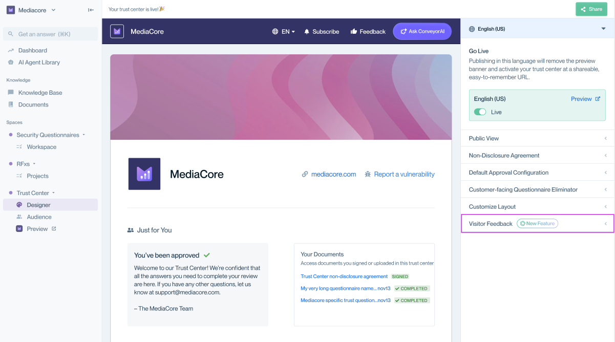 Trust Center Designer view with the right-side settings panel open and "Visitor Feedback" highlighted in the settings list.