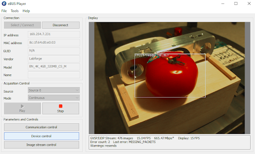 A view from eBusPlayer of Bottlenose running a Tomato detector AI model uploaded from the file utility