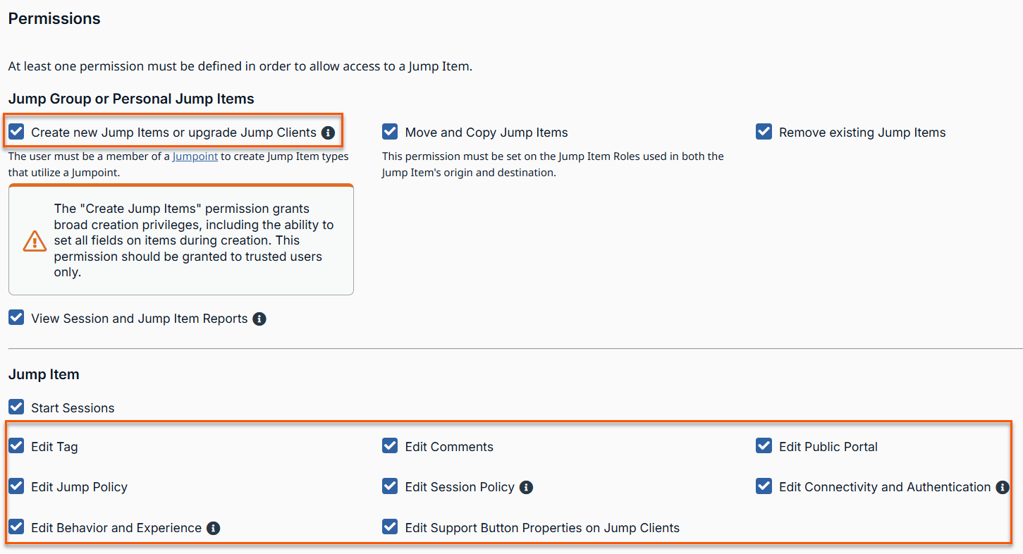 The "Create new Jump Items or upgrade Jump Clients" checkbox is checked, and the warning message is displayed. The edit permissions are selected: Edit tag, Edit comments, Edit Jump Policy, Edit session policy, Edit connectivity and authentication, and Edit behavior and experience.