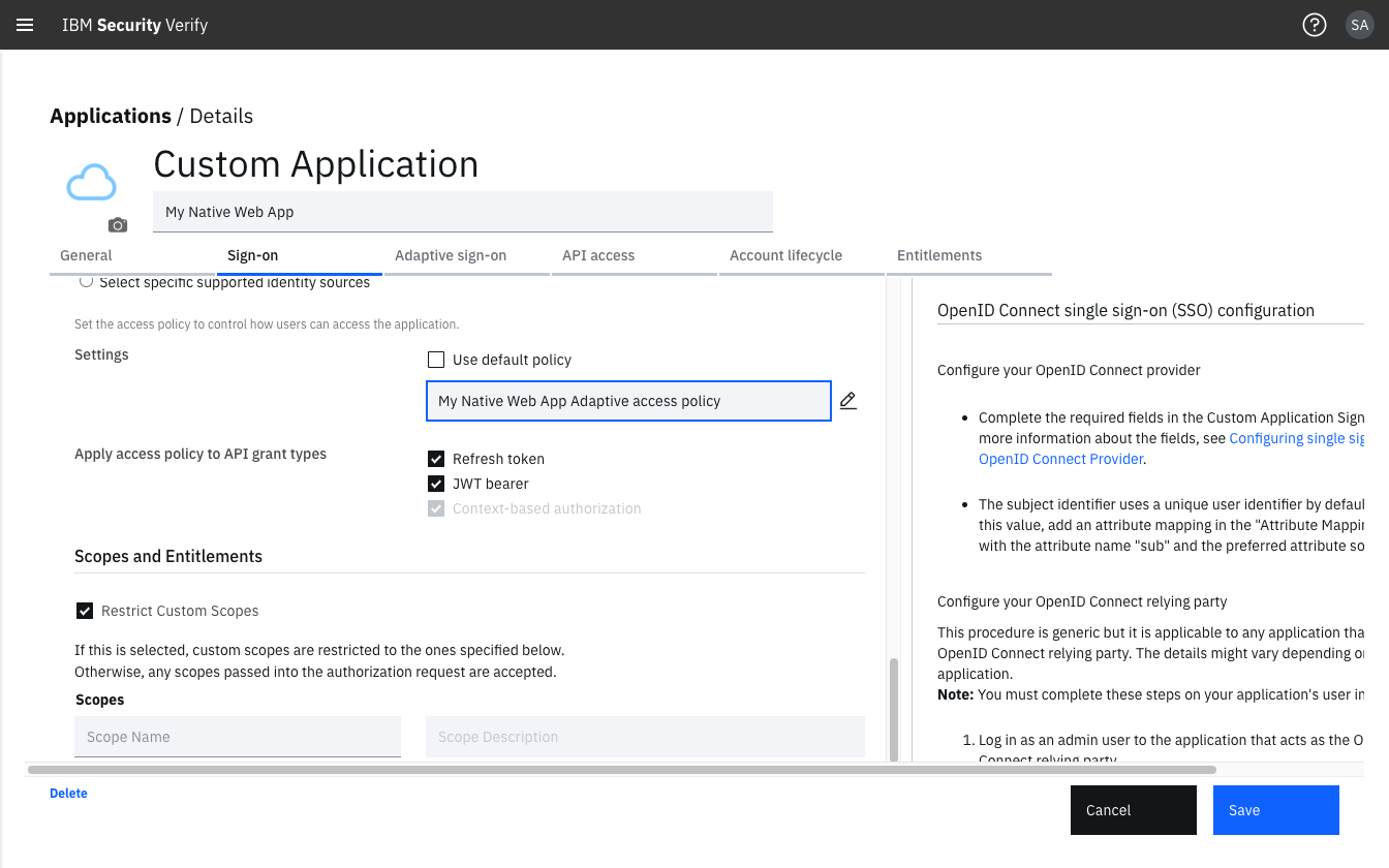 Enable Adaptive access policy for the application