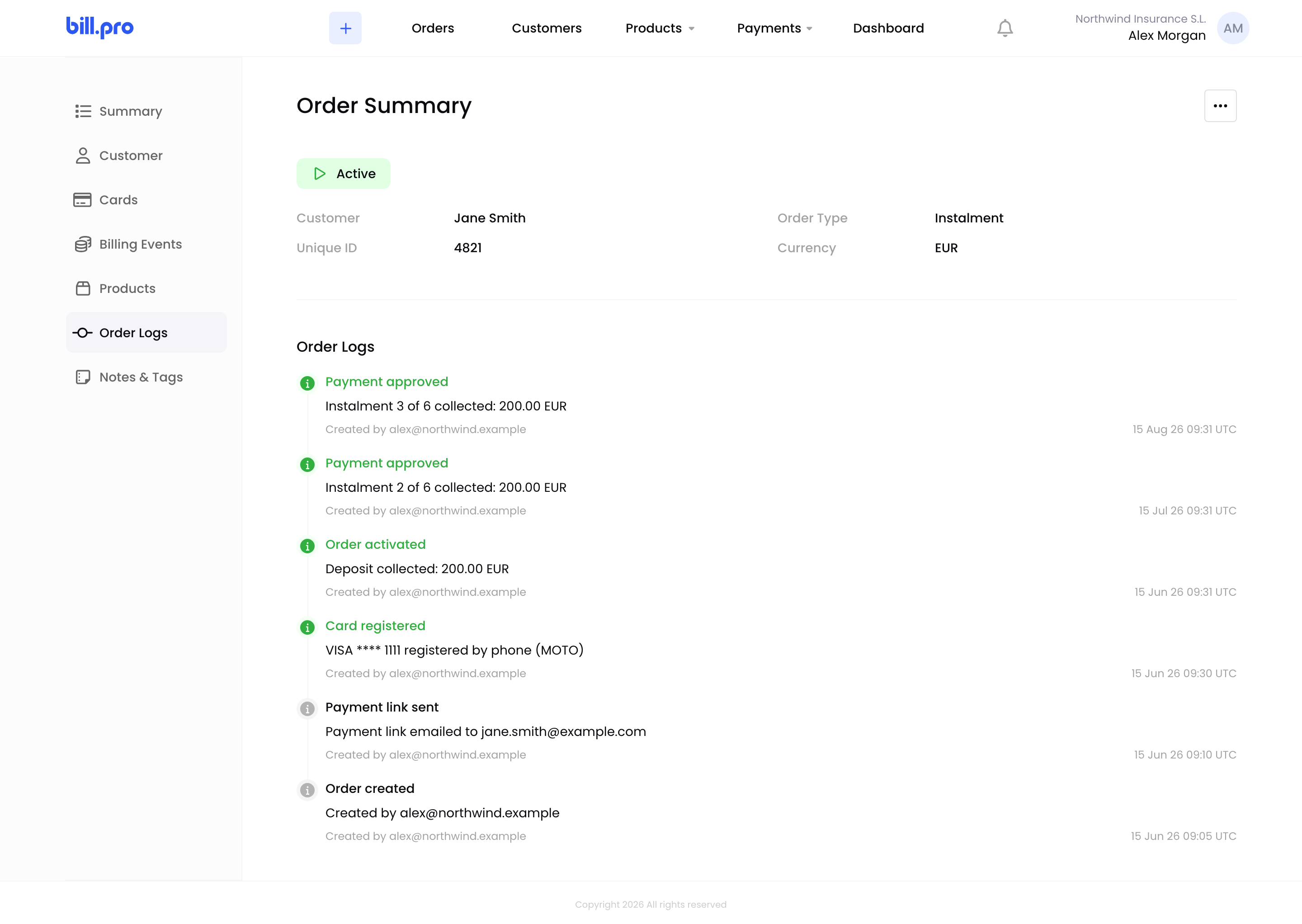A card registration in the order log