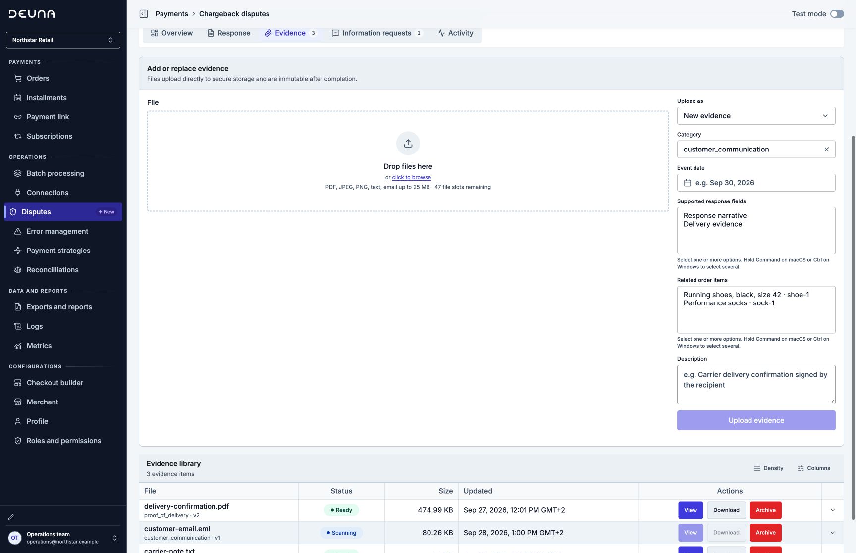 Evidence upload and evidence library with file statuses