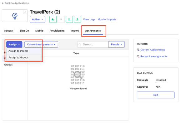 The Okta Assignments tab for the Perk app.