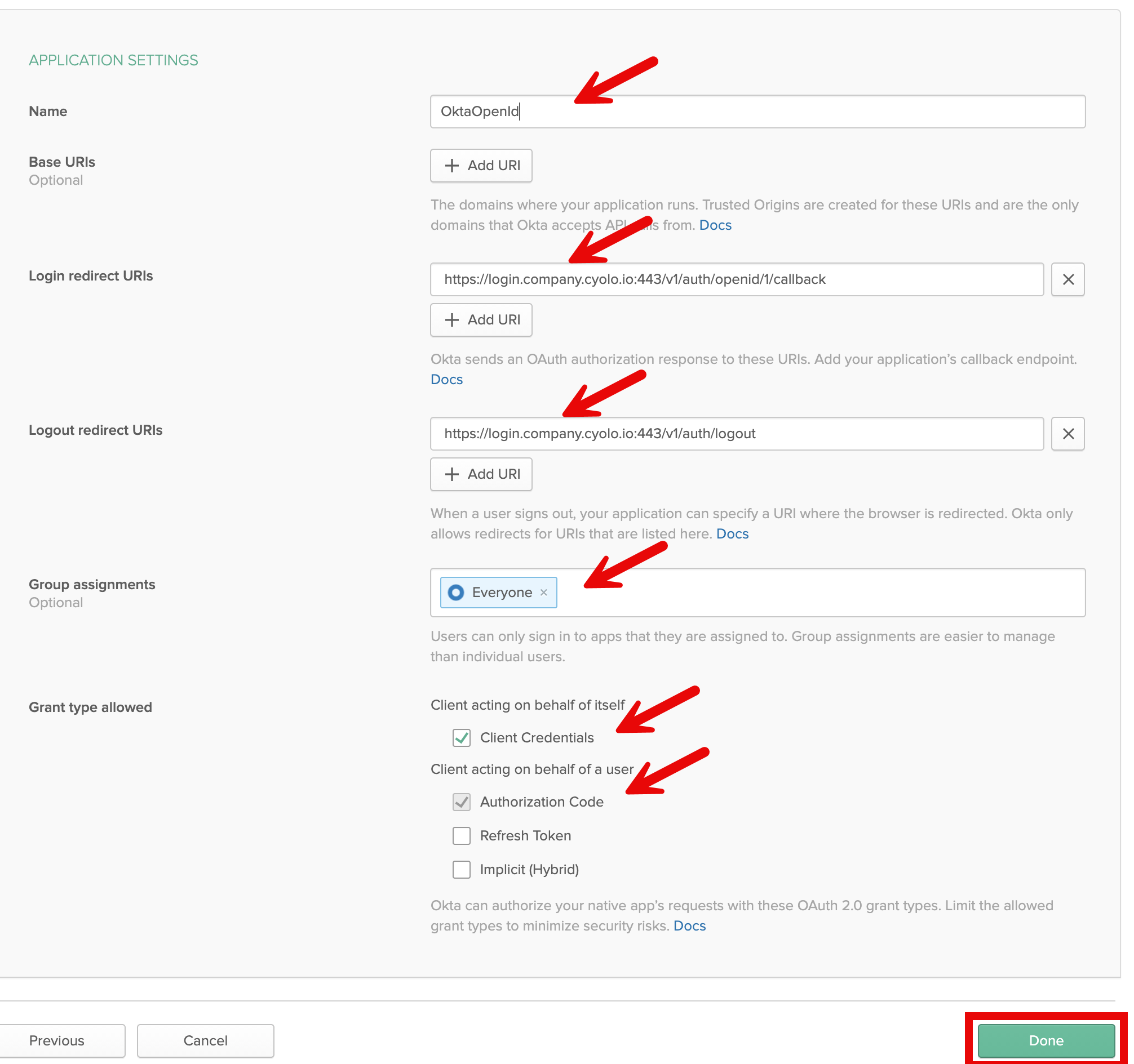 Okta application configuration form