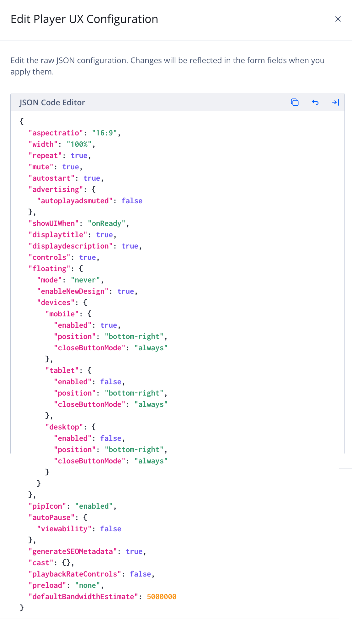 Edit Player UX Configuration panel