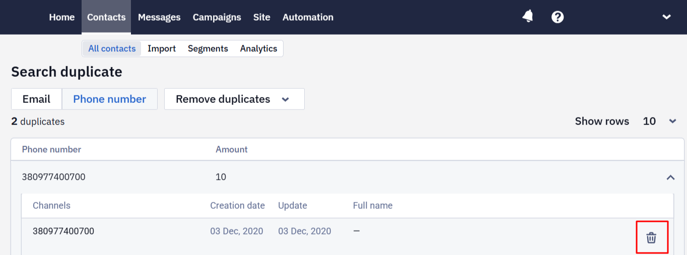 Delete duplicate contact using the bin icon