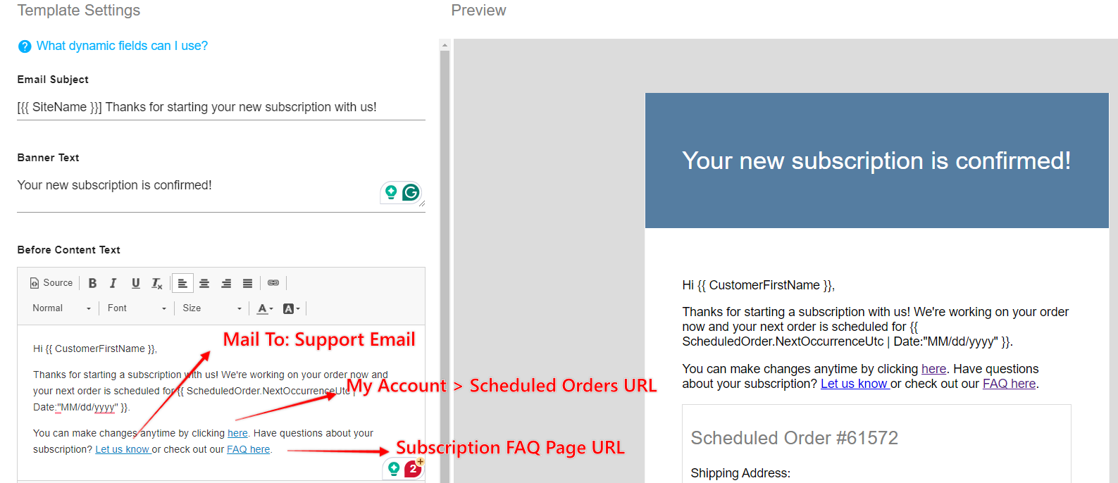 Example of a customized Scheduled Order Created notification template.