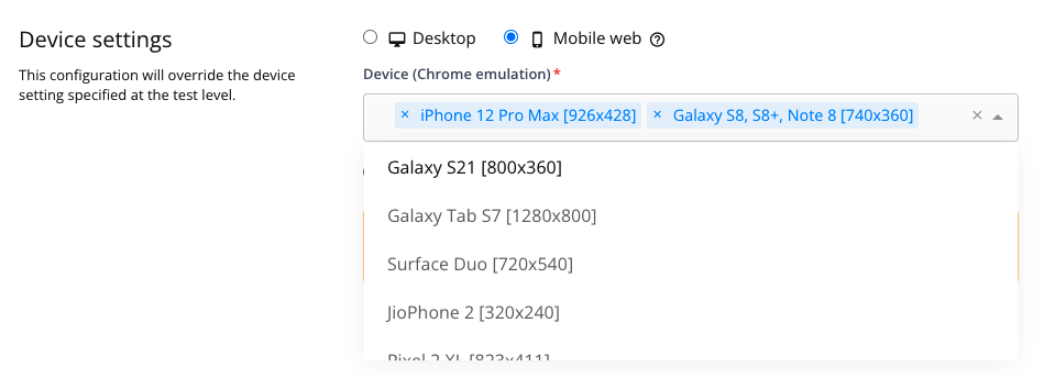 Selecting mobile devices to emulate when running tests in Chrome.