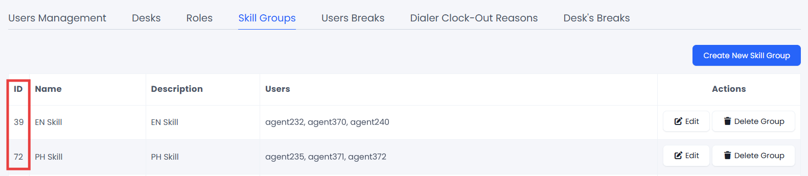 Screenshot of the Skill Groups tab in Users Management