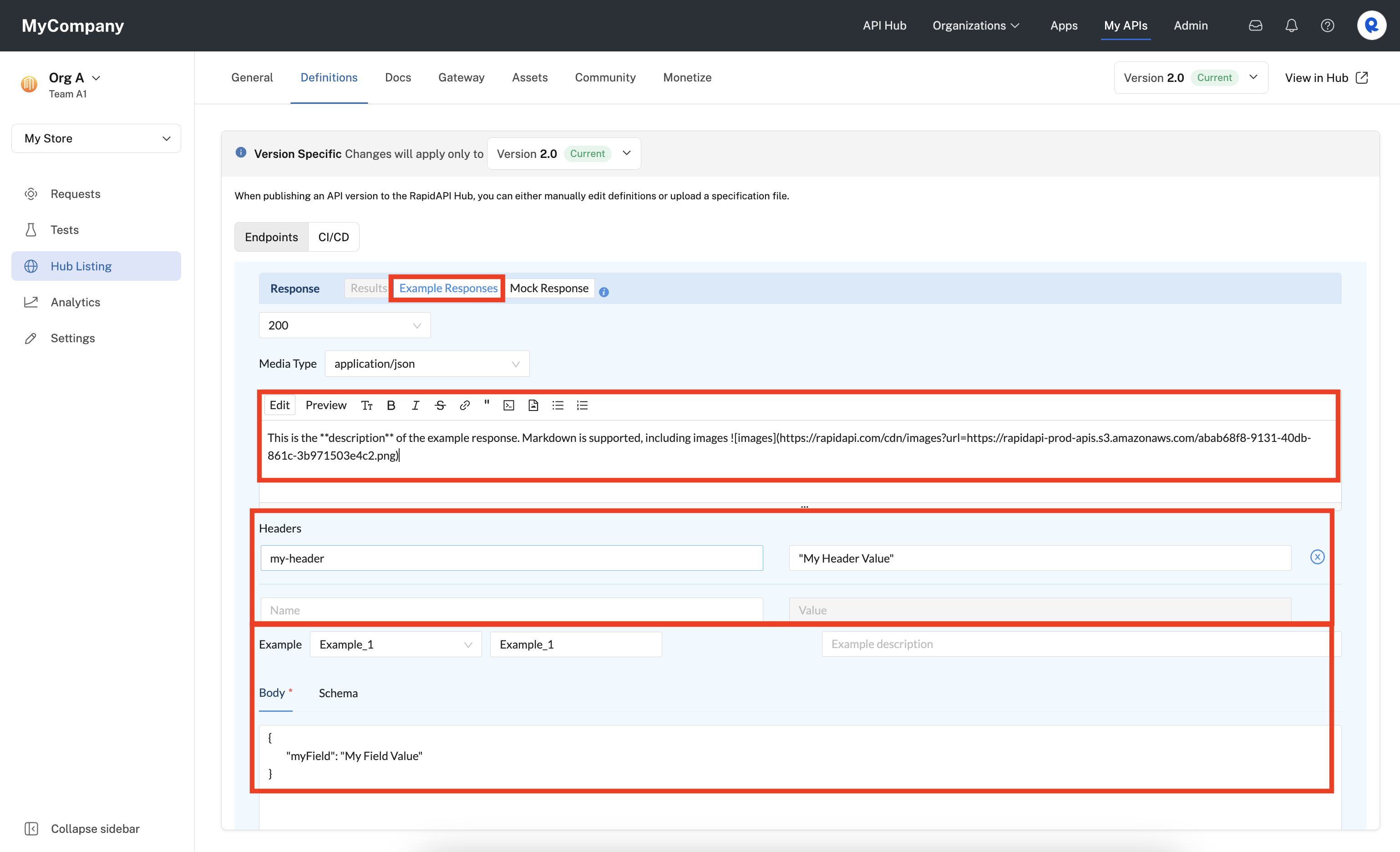 Configuring an endpoint's example responses.